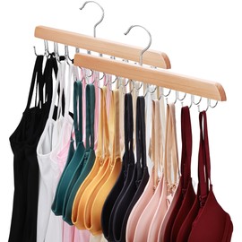NECAMOCU 2 Pack Bra Hanger for Closet Organizer, Premium Wooden Tank Top Hangers with 40 Foldable Hooks, 360° Rotating Design, Space Saving Storage for Tank Tops, Bras, Scarves and More