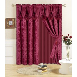 All American Collection New 4 Piece Drape Set with Attached Valance and Sheer with 2 Tie Backs Included (96" Length, Burgundy)