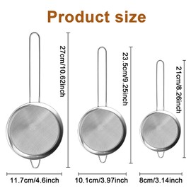 Fine Mesh Strainers，Stainless Steel Colander with Handle Kitchen Food Strainers for Sift Loose Tea，Drain Rinse Vegetables, Pastas，Sifting Flour, Powdered Sugar（3pcs，Silver）