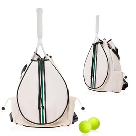 Mini Momo Tennis Bag Racket Tote Sports Racquet - Bags for Women, Unisex Badminton, Squash Case Stripe Shoulder Strap, Pickleball (Backpack - Beige/Green Stripe)