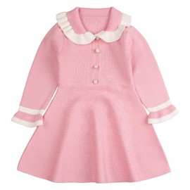 Peecabe Ruffles Toddler Girls Sweater Dress Soft Warm Long Sleeve V-Neck 2-6T Knitted Dress for Fall Winter (Pink, 5T)