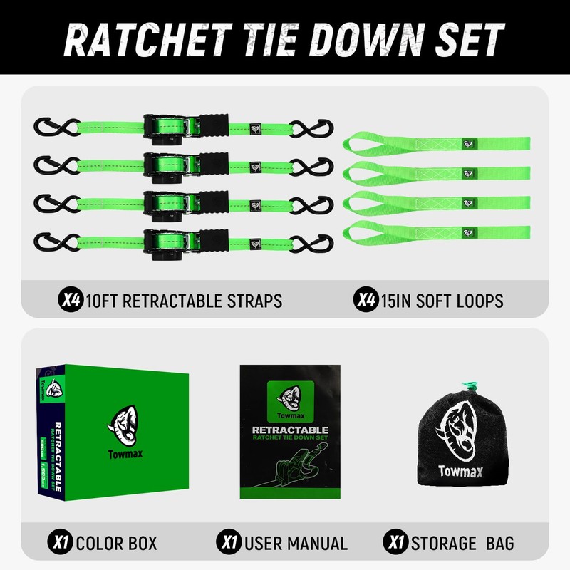 Retractable Ratchet Straps(4 Pack) - 1in x 10ft Self Retracting