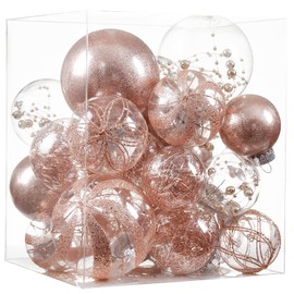 Clear Christmas Ball Ornaments,24ct Shatterproof Plastic Decorative Christmas Ornaments Hanging Xmas Tree Baubles Set with Stuffed Delicate Glittering Decorations for Holiday Party Decor(Rose Gold)