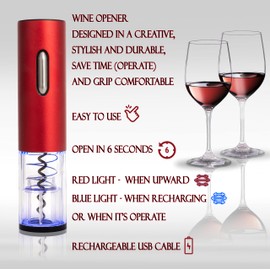 Moss & Stone Electric Wine Opener Set, Corkscrew Remover With USB Charging, Wine Bottle Opener with Wine Pourer, Foil Cutter & Vacuum Stopper, Automatic Wine Opener For Wine Lovers (Red)