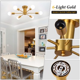 KOSTOMO 6 Lights Chandelier Lighting Gold Brass Living Room Ceiling Light Fixtures Ceiling Lamp Industrial Semi Flush Mount Modern Lights for Study Dining Room Kitchen Bedroom(Gold-6Lights)