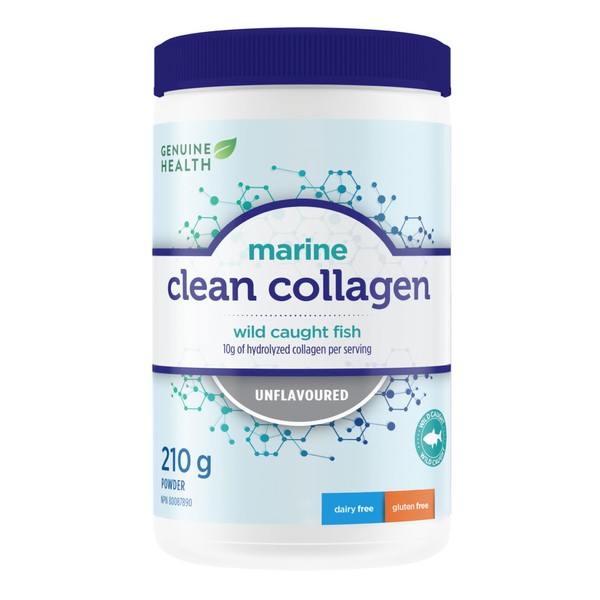 Genuine Health Marine Clean Collagen Powder, 21 servings, 210g tub, 10g collagen per serving, Natural joint, skin, hair, nail support, Unflavoured, Dairy & gluten-Free, Wild-caught, Non-GMO, Keto & paleo-friendly