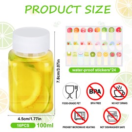 16pcs Juice Bottles, 3.5oz/100ml Plastic Juice Bottles with Lids Reusable Shot Bottles with Lids with Label Funnel and Brush Small Bottles with Lids for Juice Smoothie Milk Water Beverages