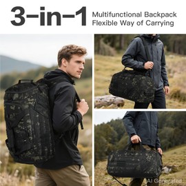 3-in-1 Tactical Gym & Travel Duffle Bag Backpack Men Multi-Functional 45L Military Sports Duffle Bag with Shoe Compartment & Wet Pocket for Workout Weekender Overnight Bag with Molle Webbing, Camo