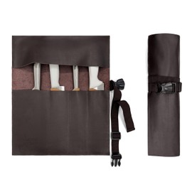 Under NY Sky Genuine Leather Knife Roll Case - 4 Slots - Real Leather Pouch - Portable Bag for Cooking Tools, Utensils, Cutlery Knives, Brushes - Chefs, Kitchen, Travel, Gift - Brown L