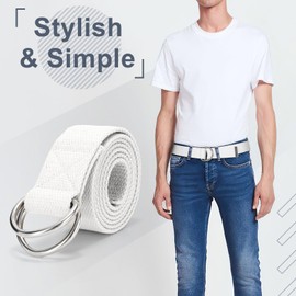 WHIPPY Mens Canvas Belt with Metal Double D-ring 1 1/2" Wide Plus Size Unisex Web Cloth Casual Belt for Jeans Pants, White, M
