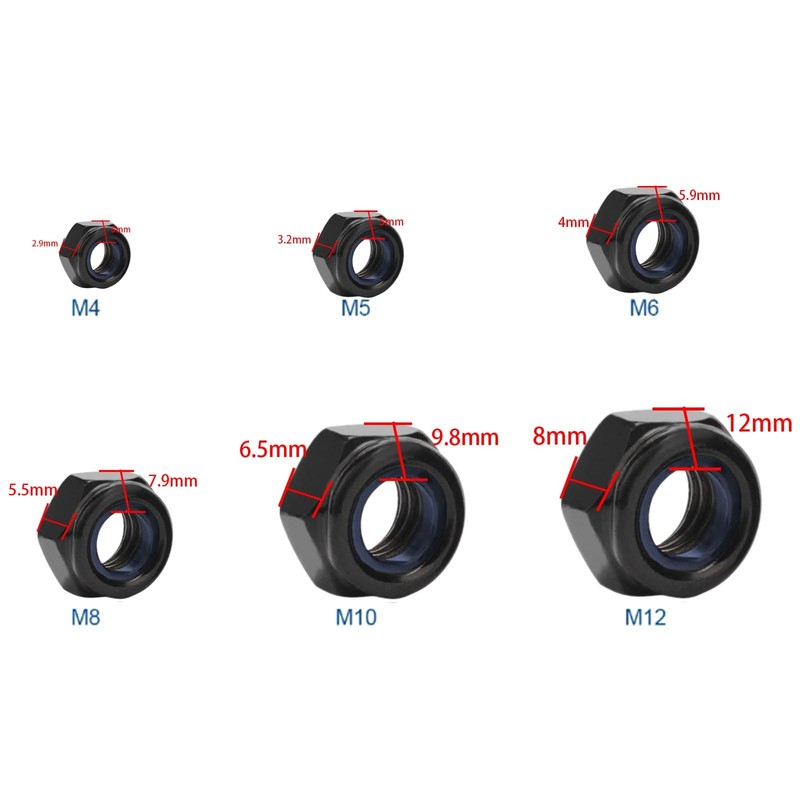 M12 Hex Lock Nuts, Stainless Steel 304 Black Nylon Insert