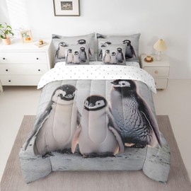 Homewish Penguin Family Kids Comforter Set 7 Piece Twin Size,Cute Kawaii Fluffy Penguin Print Reversible Quilt Set,Antarctic Snow Style Wild Animal Bedding Set with Comforter,Sheet,Pillowcase
