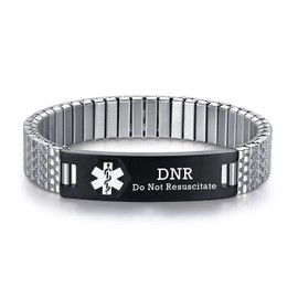 AOAMID Stretch Medical Alert Bracelets for Men Stainless Steel medical Bracelets for women with Free engraving-(dnr-silver-black-f-7.75 in)