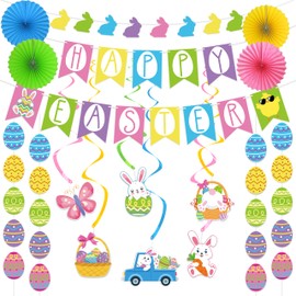 Easter Decorations Set, Pre-strung Happy Easter Decorations Includes Happy Easter Banner Bunny Egg Garland Paper Fans Hanging Swirls Easter Decor for Home Office Classroom Spring Easter Party Supplies