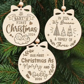 Set of 3 Wooden Baby First's Christmas 2024 Ornament Keepsake, for First Mom, Dad, Family of Three, New Mom Dad, Stocking Stuffers for New Born, Christmas Tree Decoration