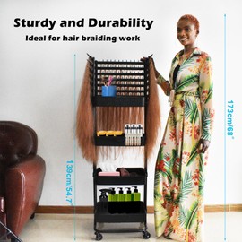 Braiding Hair Rack with 196 Pegs, Hair Extension Holder with 4 Tiers Storage Cart, Classical Black Braiding Rack Stand for Hair Braider, Sturdy Hair Rack for Salon, Home, Braiding School