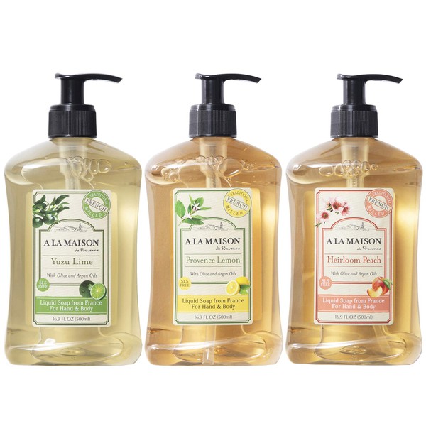 A LA MAISON Liquid Hand Soap Variety Pack - Yuzu Lime, Provence Lemon, and Heirloom Peach Triple French Milled Natural Moisturizing Soap (3 Pack, 16.9 oz Bottle)