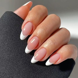 French Tip Nails - Almond False Nails Medium Length - White French Tip False Nails - Pink Fake Nails With Glue - Glossy french Glue On Nail - Full Cover Acrylic Stick On Nail For Women Girls