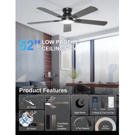 Phylluz 52'' Black Flush Mount Ceiling Fan with Lights for Bedroom
