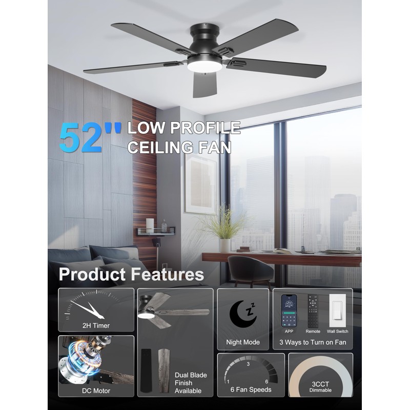 Phylluz 52'' Black Flush Mount Ceiling Fan with Lights for