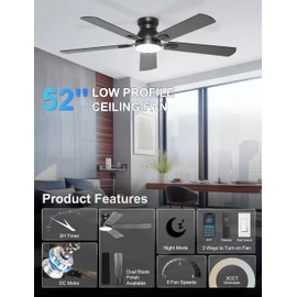 Phylluz 52'' Black Flush Mount Ceiling Fan with Lights for Bedroom