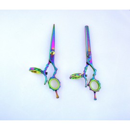 Supreme 5.5" Rainbow Titanium Swivel Thumb Hairdressing & Thinning Scissors Set