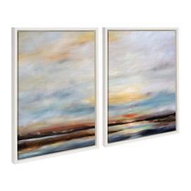 Kate and Laurel Sylvie Carolina Sunset Diptych Framed Canvas Wall Art Set by Mary Sparrow, 2 piece 18x24 White, Natural Beach Landscape Art Set for Home Wall Décor