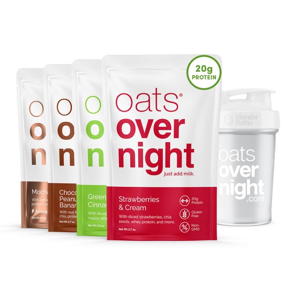 Oats Overnight -Classic Variety Pack High Protein, High Fiber Breakfast Shake - Gluten Free, Non GMO Oatmeal Strawberries & Cream, Green Apple Cinnamon & More (8 Pack + BlenderBottle)
