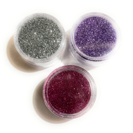 AD 14. Diamantina Comestible TRIO: PLATA/LILA/FIUSHA 24gr (3 piezas de 8gr c/u) Brillantina para postres