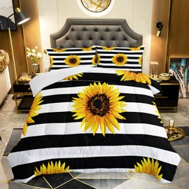 AILONEN Sunflower Comforter Set Twin Size, Black and White Striped Flower Bedding Set,Superior Yellow Flower Bed Set,Printed Stripe Quilt,Pillow Case,Microfiber Fabric