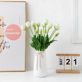 Funfmm 15pcs Flowers Artificial Tulip Silk Flowers, White Tulips Artificial Flowers, Faux Tulip Stems Real Touch Tulips for Wedding Party Home Decoration (White)