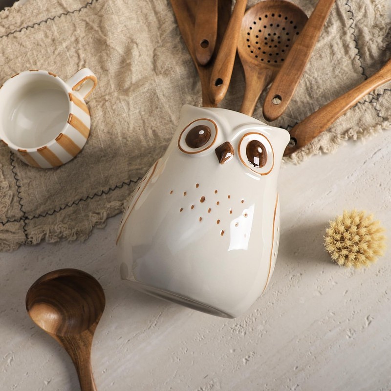 SOCOSY Owl Ceramic Kitchen Utensil Holder For Countertop, Cooking Utensil