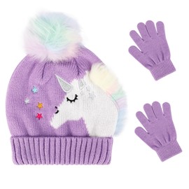QKURT Kids Knitted Hat Gloves Set, Winter Warm Beanie Gloves Set Thermal Lined Hat Mittens Set Unicorn Pattern for 3~5 Years Old Kids children Girls, Winter Accessories Sets