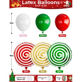Haolongfa Christmas Balloons, 50 Pcs 12 Inch Red Green and White Latex Balloons with Candy Cane Foil Balloons,Holiday Balloons for Birthday Christmas Party Baby Shower Decorations