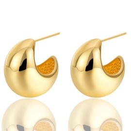 14K Gold Plated Post Hoop Earrings Handmade Chunky Lightweight Gold Hoop Earrings Hypoallergenic Earring for Women Gold Dome Huggie Earrings Oval Stud Cute Small Dome Hoop Earrings for Women Wife Mom