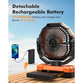 36000mAh Camping Fan - Detachable Rechargeable Battery Operated Fan with Light & Hook for Tent, Outdoor - USB Table Fan with 4 Speeds for Picnic, BBQ, Fishing, Travel, Hurricane