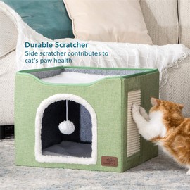 Bedsure Cat Beds for Indoor Cats -Large Cat Cave for Pet Cat House with Fluffy Ball Hanging and Scratch Pad, Foldable Cat Hidewawy,16.5x16.5x14 inches, Blue