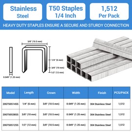 meite T50 Staple Gun Staples Marine, 1/4 Inch 304 Stainless Steel T50 Staples, Heavy Duty 20 Gauge 3/8 Inch Crown Upholstery Staple for Marine Applications (10 Packs)