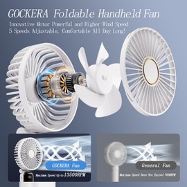 GOCKERA Portable Fan, 4200mAh Battery Operated Fan, 5 Speeds&Digital Display, Makeup Fans for Women with Base, 180°Foldable 3in1 Handheld/Neck/Desk Fan for Outdoor Indoor,Ultra Quiet (White)