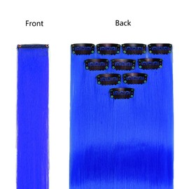 BUYOGET Coloured Hair Extensions Clip in 10 pcs Straight Synthetic Hairpieces Highlights 21 Inch Sapphire Blue Clip on Hair Extension for Women Girls Christmas Party
