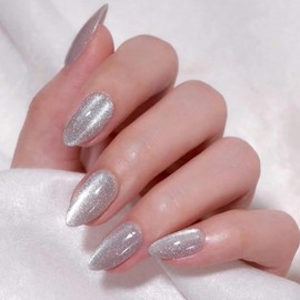 KQueenest White Cateye Press on Nails Short Almond Glazed Glitter False Nails Short Stiletto, Shiny Bling Acrylic Fake Nails Set Sparkly Stick on Nail for Women Wedding Finger Decoration 30 Pcs