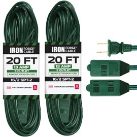 Iron Forge Cable 3 Outlet 20 ft Green Extension Cord 2 Prong, 2 Pack, 16/2 Indoor Extension Cord with Multiple Outlets, 13 AMP 2 Prong Electrical Cable for Home, Office, Outdoor Lights