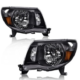 PIT66 Headlight Assembly Compatible with 2005-2011 Toyota Tacoma Pickup Replacement Left and Right Halogen Headlamps Lamps Accessories Clear Lens Black Housing Amber Reflector