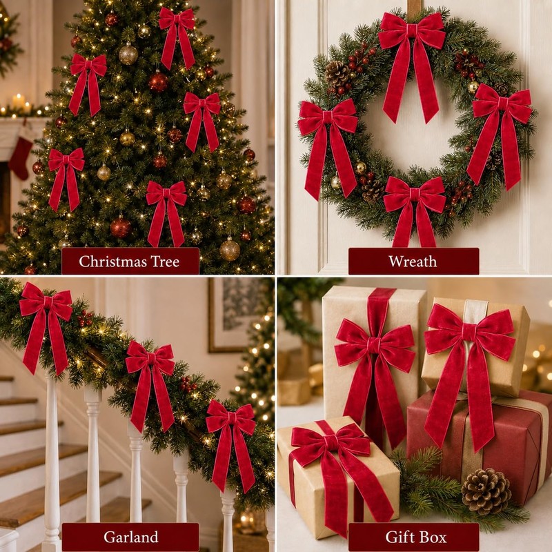 Red Velvet Christmas Tree Bows, 24 Pack, 5.1 x 10.2