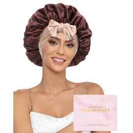 Ufgin 100% Mulberry Silk Bonnet for Sleeping Women Double Layer Silk Hair Bonnet Natural Silk Sleep Cap with Elastic Reversible Hair Wrap (Coffee + Champagne)