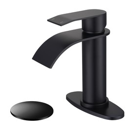 SLOUMKI Black Waterfall Bathroom Faucet Single Hole, Matte Black Single Handle Bathroom Sink Faucet with Pop Up Drain and Supply Hose, Black Bathroom Faucet for Sink 1 Hole