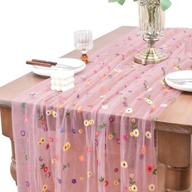 Joanlody 3pcs Blushing Pink Embroidery Daisy Spring Summer Table Runner Florals Seasonal Easter Tulle Table Runner Holiday Kitchen Dining Table Decoration for Home Party Indoor