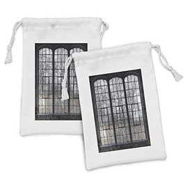 Lunarable Industrial Fabric Pouch Set of 2, Old Large Window with Broken Panes Deserted Hall Forest Trees Winter, Small Drawstring Bag for Toiletries Masks and Favors, 9" x 6", Grey White Army Green