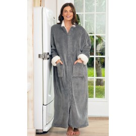 Alexander Del Rossa Long Zip Up Robes for Women, Plush Zipper Robes for Women Plus Size, Housecoats for Women Zipper Front Steel Gray with Cream Medium (A0258STLMD)