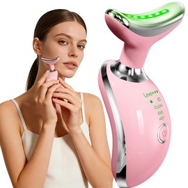 Herramienta masajeadora facial y cuello con calor y 3 terapias de luz, vibración inteligente, terapia de luz roja y modos EMS, herramientas faciales Gua Sha para cuidado de la piel de cara y cuello y alivio de la ATM (rosa)